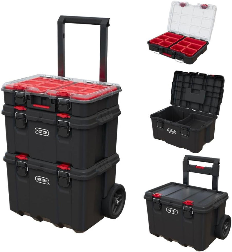 Keter Stack-n-Roll Modular Tools Organizer for Garage Storage and DIY, 3 Piece Resin Rolling Tool Box System for Small Parts