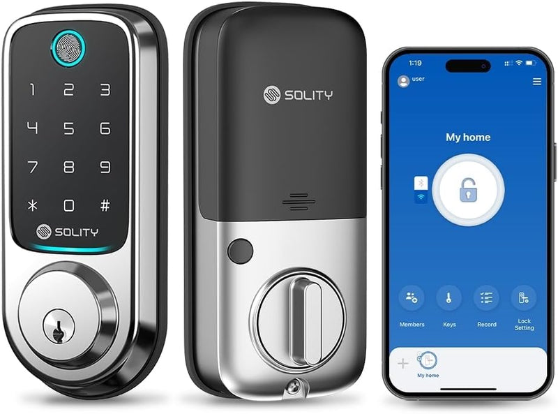 Solity No-Hub Smart Digital Door Lock, Designed in Korea, Keyless Entry, Wi-Fi, Remote Control, Touchscreen Keypad, Auto Lock, IP54 Waterproof GT10BK Biometric