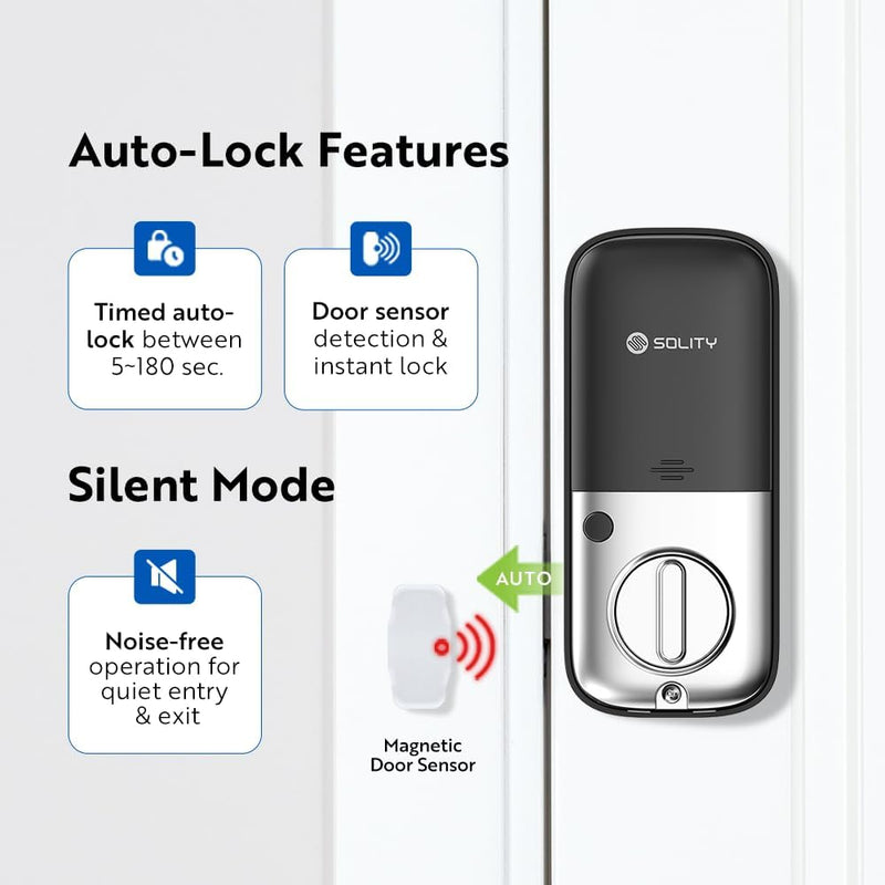 Solity No-Hub Smart Digital Door Lock, Designed in Korea, Keyless Entry, Wi-Fi, Remote Control, Touchscreen Keypad, Auto Lock, IP54 Waterproof GT10BK Biometric