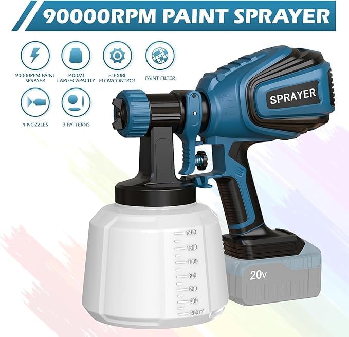 Cordless Paint Sprayer for Dewalt 20V MAX Battery Electric Spray Paint Gun with High Capacity Container Easy to Clean for House Painting Blue(Not Include Battery)