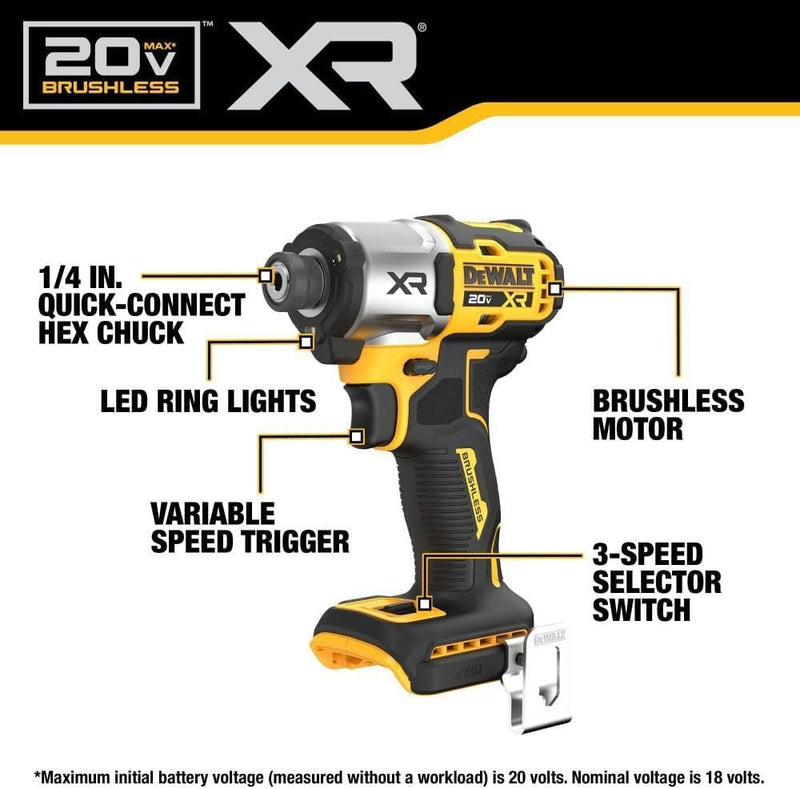 DEWALT 20V MAX XR Impact Driver, Brushless, 1/4", 3-Speed, Bare Tool Only