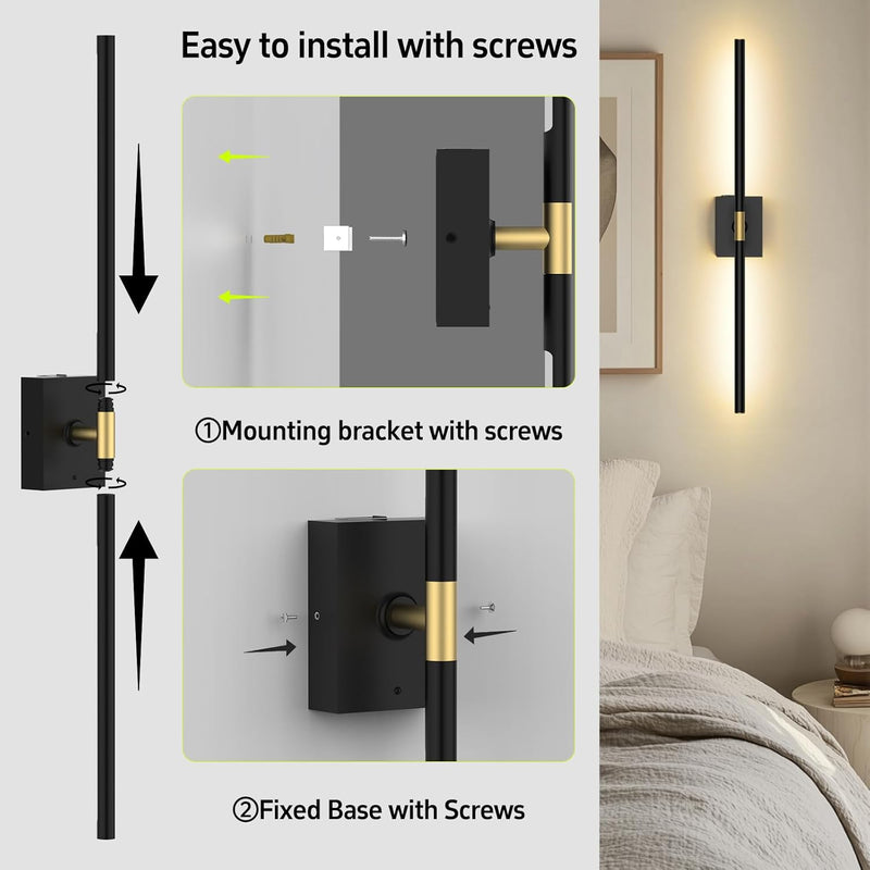 Battery Operated Wall Sconces Set of 2: 10000mAh Rechargeable Wall Lights with Remote Control, 360° Rotate Wireless Wall Scone Decor for TV/Mirror Bedroom Living Room, 31.5 Inch, Black