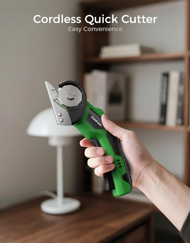 Cordless Electric Scissors, Rechargeable Cardboard Cutter, 4V Upgrade Motor Electric Box Cutter with 2 Blades, Safety Lock & LED Light, Powerful Cutting for Cardboard Box, Plastic, Leather