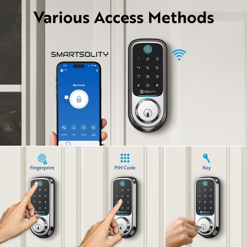 Solity No-Hub Smart Digital Door Lock, Designed in Korea, Keyless Entry, Wi-Fi, Remote Control, Touchscreen Keypad, Auto Lock, IP54 Waterproof GT10BK Biometric
