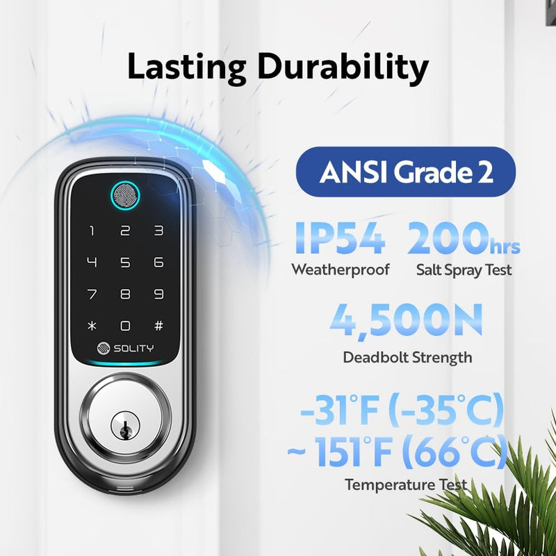 Solity No-Hub Smart Digital Door Lock, Designed in Korea, Keyless Entry, Wi-Fi, Remote Control, Touchscreen Keypad, Auto Lock, IP54 Waterproof GT10BK Biometric