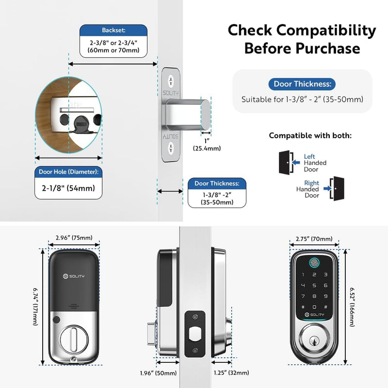 Solity No-Hub Smart Digital Door Lock, Designed in Korea, Keyless Entry, Wi-Fi, Remote Control, Touchscreen Keypad, Auto Lock, IP54 Waterproof GT10BK Biometric