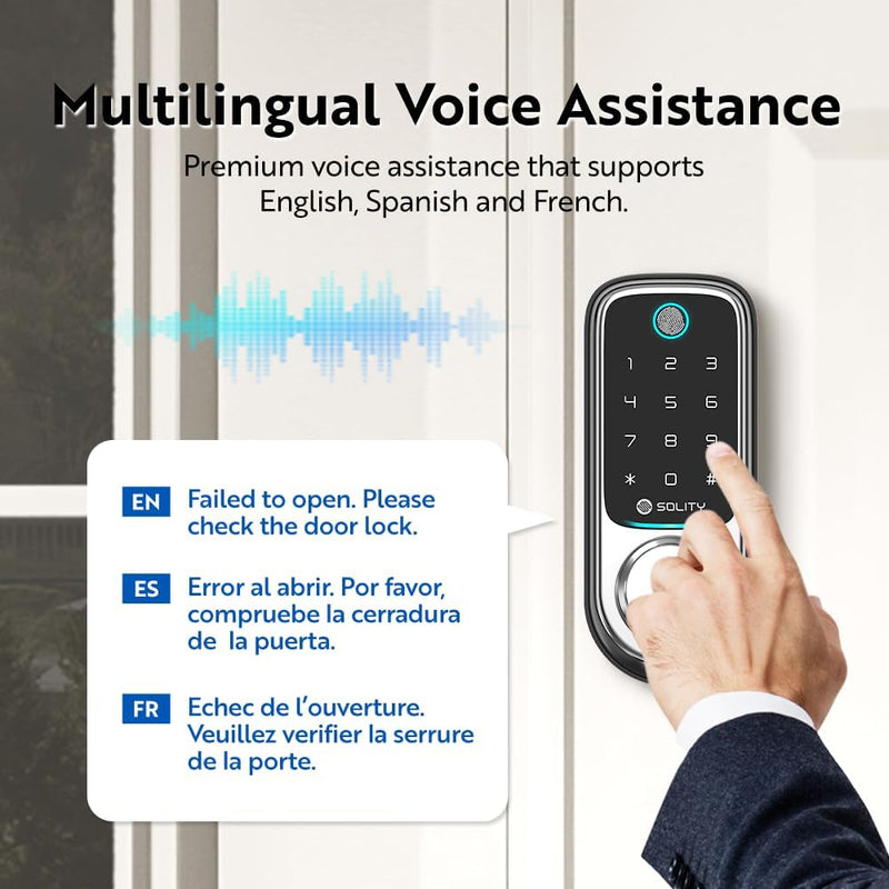 Solity No-Hub Smart Digital Door Lock, Designed in Korea, Keyless Entry, Wi-Fi, Remote Control, Touchscreen Keypad, Auto Lock, IP54 Waterproof GT10BK Biometric