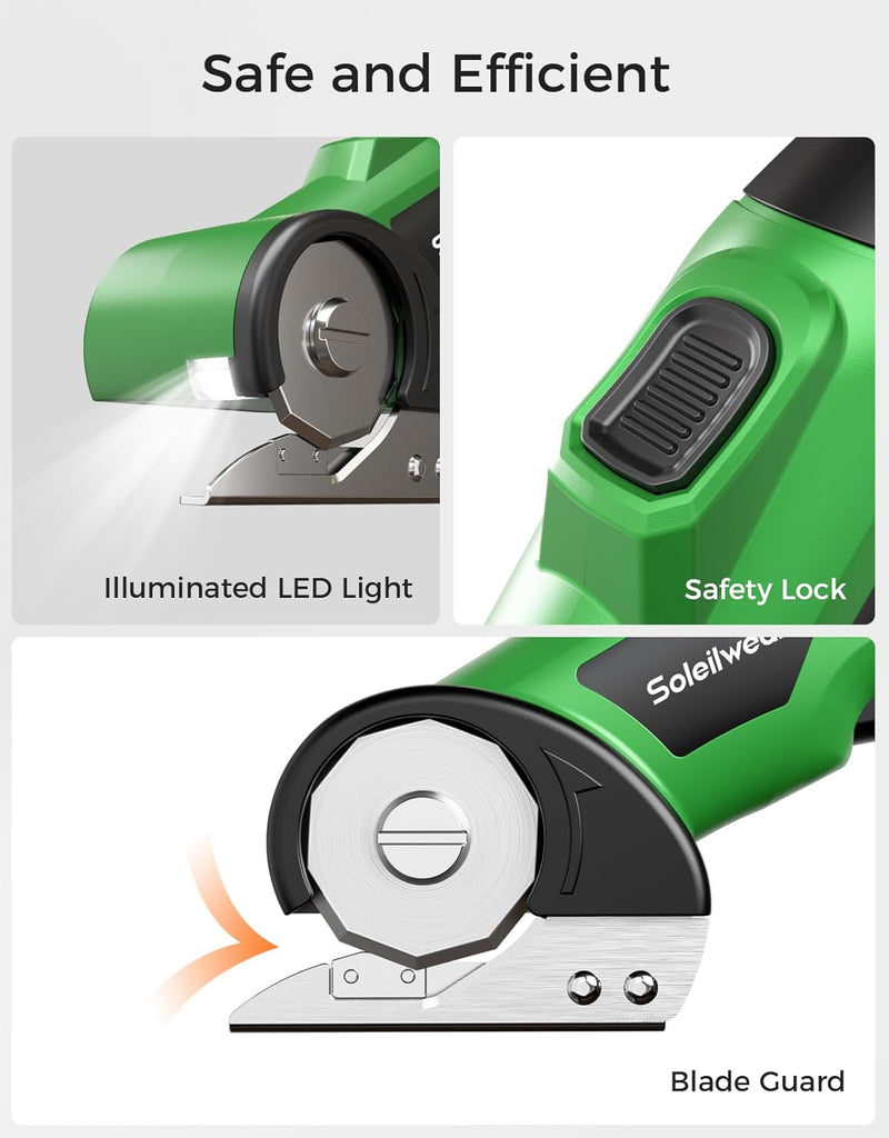 Cordless Electric Scissors, Rechargeable Cardboard Cutter, 4V Upgrade Motor Electric Box Cutter with 2 Blades, Safety Lock & LED Light, Powerful Cutting for Cardboard Box, Plastic, Leather