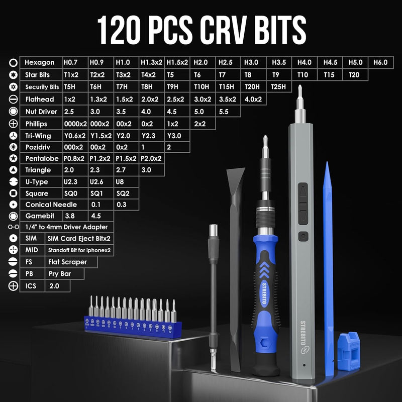 STREBITO Electric Screwdriver, 144-in-1 Precision Screwdriver Set, 120 Magnetic Bits, Organized Storage and Portability, Small Tool Kit for Electronics, PC, Computer, Laptop and RC, Gifts for Men