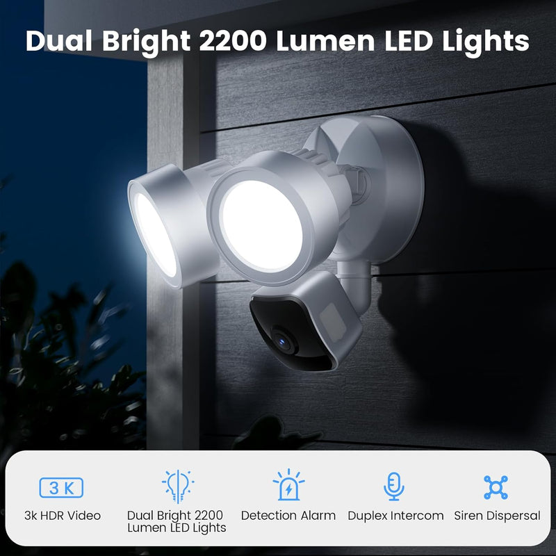 Wired Floodlight Camera | Home Security Flood Light Camera Outdoor with 3K UHD | 2200-Lumen | Motion Sensor, Weatherproof, Color Night Vision, 105dB Siren, 270º Wide View, 2-Way Audio (2025)