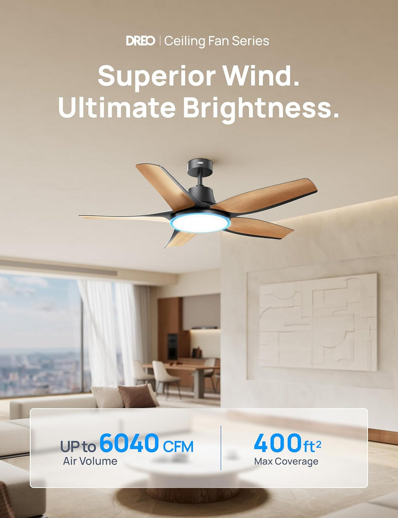 Dreo Smart Ceiling Fans with Lights, Low profile Ceiling Fan with Alexa/App, 52'' Dimmable Lighting & Color Tuning, RGB Ambient Light for Living Room, Game Room, Easy Installation, Quiet, Black