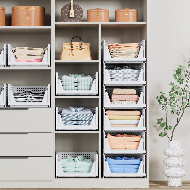 5 Pack Stackable Closet Storage Basket - Stackable Storage Bins, Multifunctional & Foldable Closet Organizer, Wardrobe Cupboard Space-Saving Hat Storage Drawer Organizer