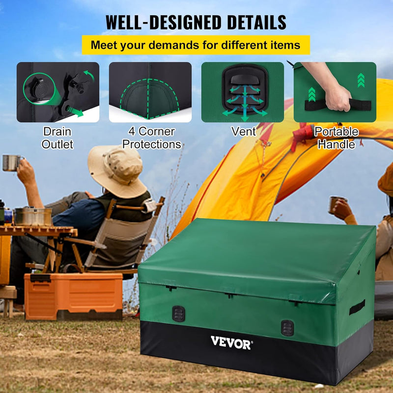 VEVOR Outdoor Storage Box, 150 Gallon Waterproof PE Tarpaulin Deck Box w/Galvanized Frame, All-Weather Protection & Portable, for Camping, Garden, Poolside, and Yard, Black & Green