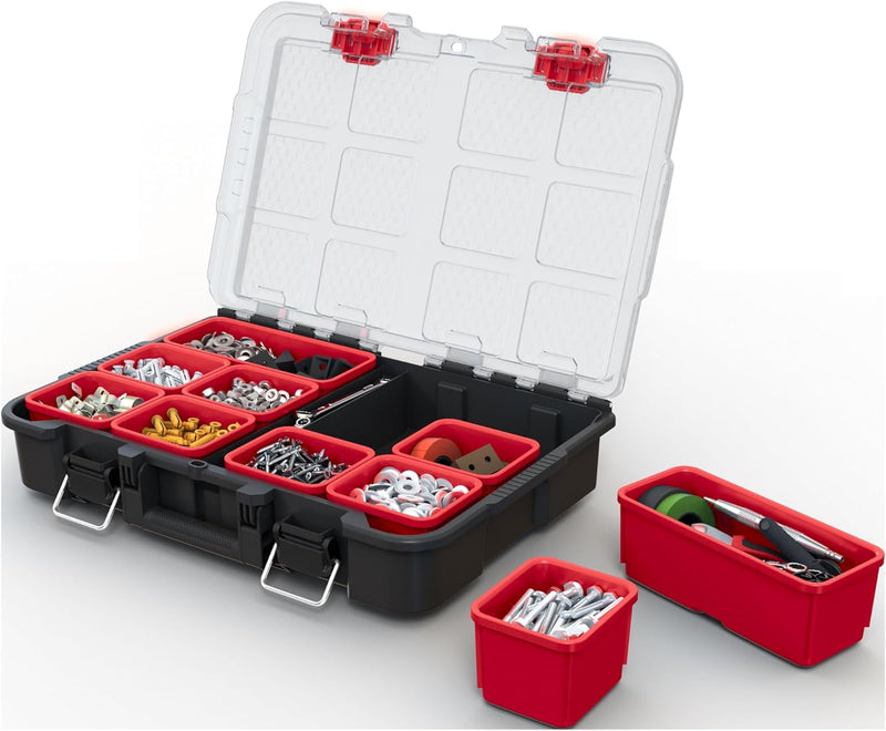 Keter Stack-n-Roll Modular Tools Organizer for Garage Storage and DIY, 3 Piece Resin Rolling Tool Box System for Small Parts