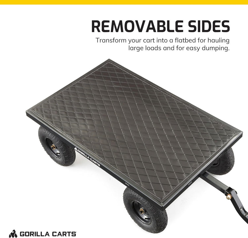 Gorilla Carts Steel Utility Cart, 9 Cu Ft Bed, 1200 lb Load Capacity, Black – Towable Heavy-Duty Outdoor Hauling Wagon with Removable Side Panels for Yard, Lawn, Garden or Landscaping