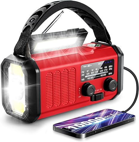 10000mAh Hand Crank Emergency Radio, NOAA Weather Radio with AM/FM & solar Radio, Rechargeable Battery, Flashlight & Reading Light, SOS Alarm, Compass Cell Phone Charger for Indoor Outdoor Emergencies