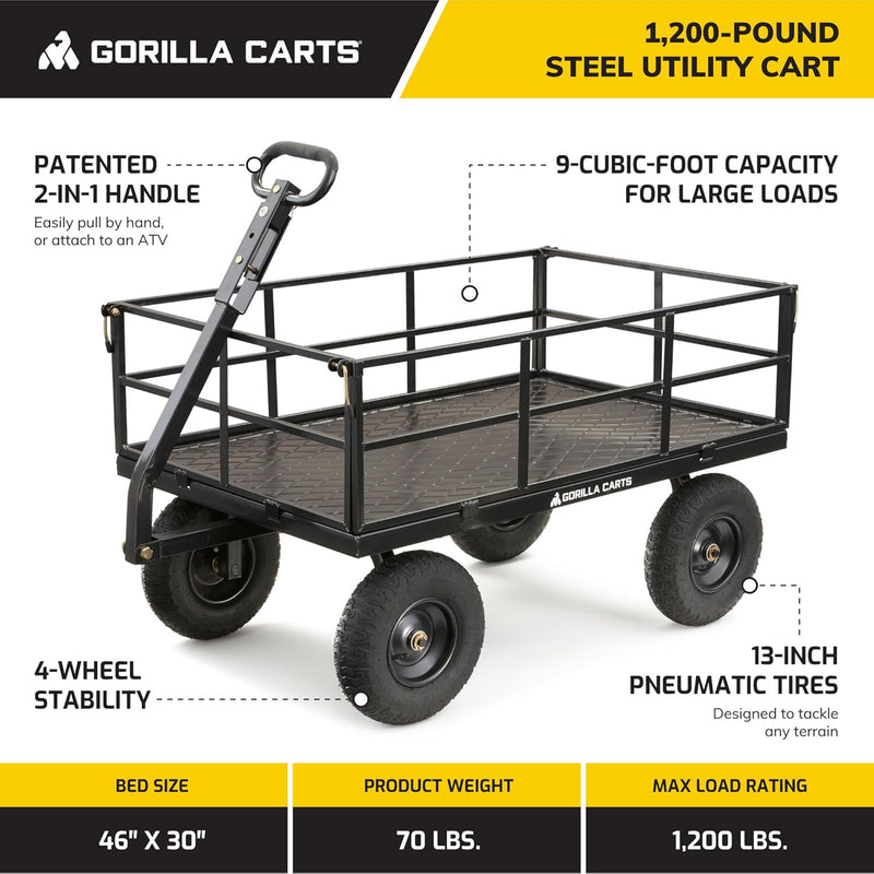 Gorilla Carts Steel Utility Cart, 9 Cu Ft Bed, 1200 lb Load Capacity, Black – Towable Heavy-Duty Outdoor Hauling Wagon with Removable Side Panels for Yard, Lawn, Garden or Landscaping