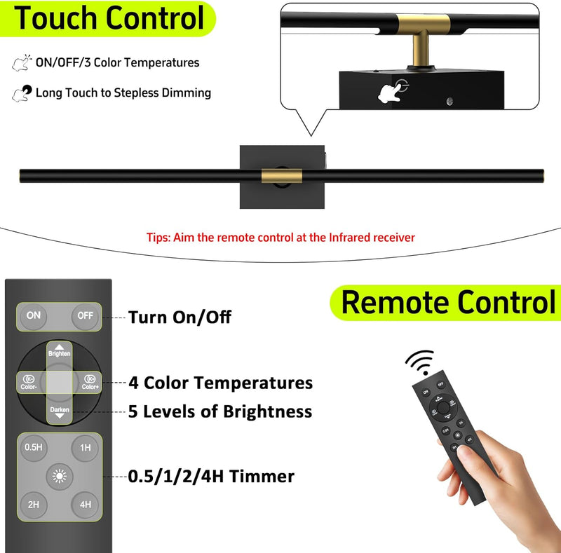 Battery Operated Wall Sconces Set of 2: 10000mAh Rechargeable Wall Lights with Remote Control, 360° Rotate Wireless Wall Scone Decor for TV/Mirror Bedroom Living Room, 31.5 Inch, Black