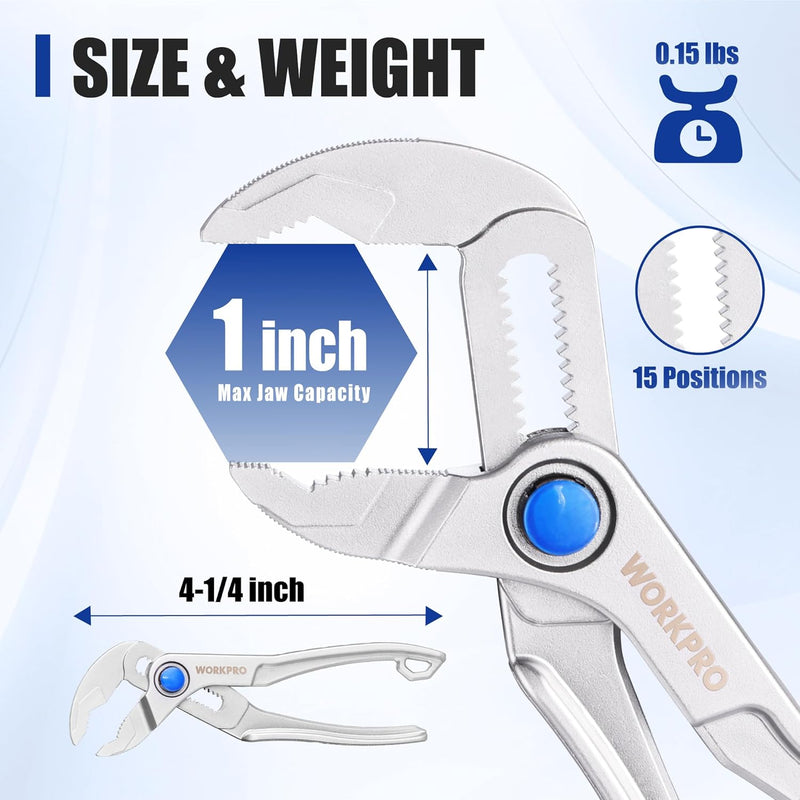 WORKPRO Mini Water Pump Pliers, 4-Inch Groove Joint Pliers, Fast Adjustable Tongue and Groove Pliers with 15-Position Push-Lock, V-Jaw for Multi-Surface Grip, Ideal for Tight Spaces and Versatile Use