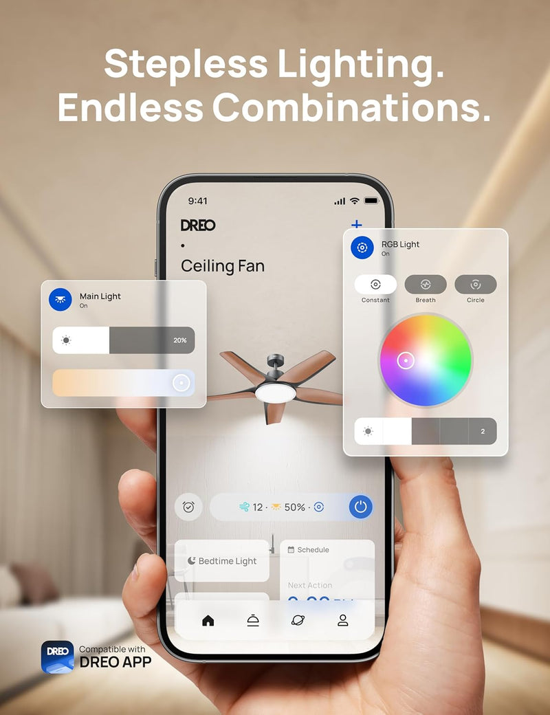 Dreo Smart Ceiling Fans with Lights, Low profile Ceiling Fan with Alexa/App, 52'' Dimmable Lighting & Color Tuning, RGB Ambient Light for Living Room, Game Room, Easy Installation, Quiet, Black