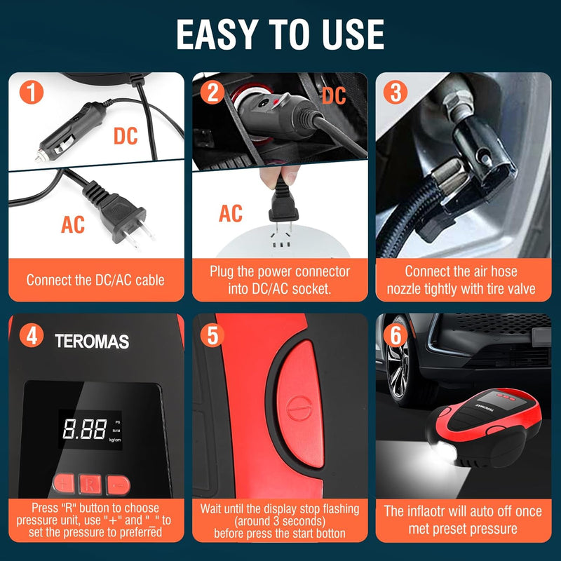 TEROMAS Tire Inflator Portable Air Compressor, Air Pump DC/AC for Car Tires 12V DC and Other Inflatables at Home 110V AC, Digital Electric Tire Pump with Pressure Gaug