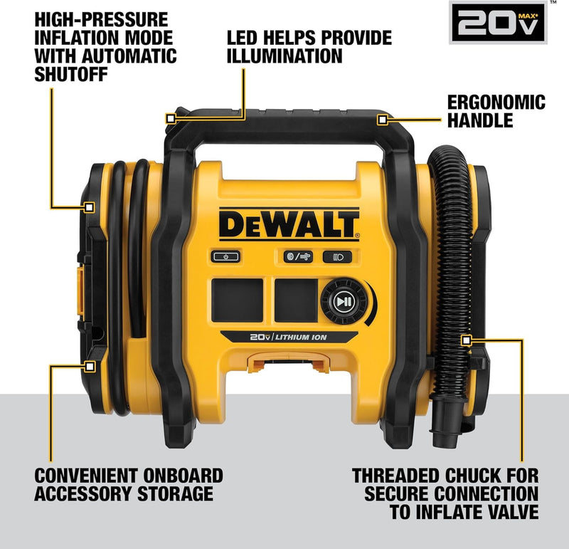 DEWALT Tire Inflator Portable Air Compressor 20V MAX, Air Pump with Automatic Shut Off, LED Light, Tool Only