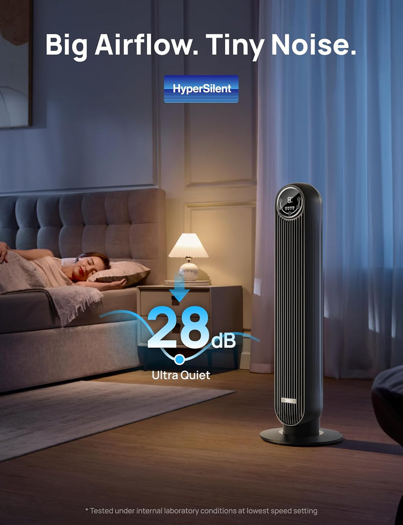 Dreo Tower Fan for Bedroom, 25ft/s Velocity Quiet Floor Fan, 90° Oscillating Fans for Indoors with 4 Speeds, 4 Modes, 8H Timer, Standing Fans, Bladeless Fan, Black, Nomad One