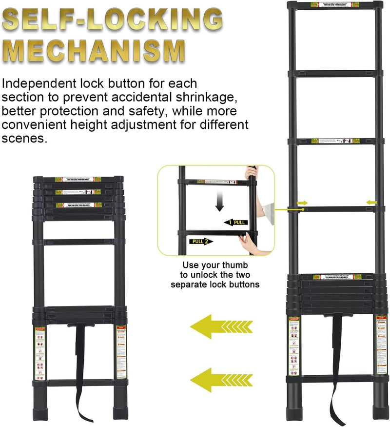 RIKADE Telescoping Ladder 10.5FT & Attic Ladder, Heavy Duty Aluminum with Non-Slip Feet, 330lb Capacity for RV, Attic, Roof & Multi-Surface Use