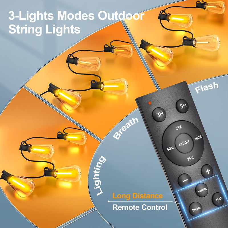 Outdoor String LED Patio Lights - 100Ft 30M Outside Waterproof Light with Remote Dimmable ST38 Shatterproof Bulb Connectable Hanging Outdoor Electric Lighting for Backyard Yard Gazebo Porch Party