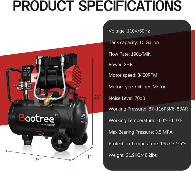 10Gal Portable Ultra Quiet Air Compressor, Max 115PSI 2HP 8.76CFM 70dB Oil-Free Low Noise Air Compressor for Auto Repair, Bike Tires, Garage Spray Painting 110V/60Hz