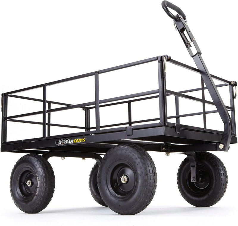 Gorilla Carts Steel Utility Cart, 9 Cu Ft Bed, 1200 lb Load Capacity, Black – Towable Heavy-Duty Outdoor Hauling Wagon with Removable Side Panels for Yard, Lawn, Garden or Landscaping