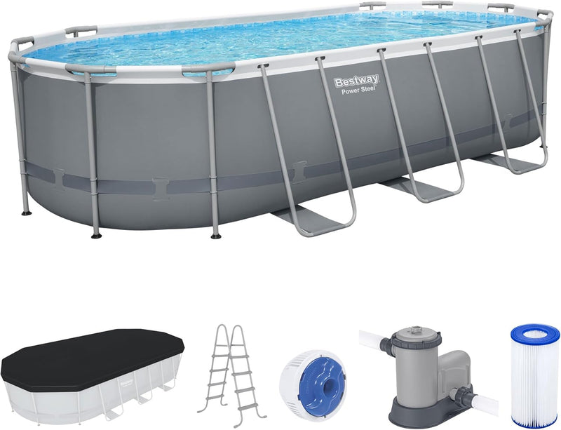 Bestway Power Steel 18' x 9' x 48" Oval Metal Frame Above Ground Outdoor Backyard Swimming Pool Set with 1500 GPH Filter Pump, Ladder, and Pool Cover