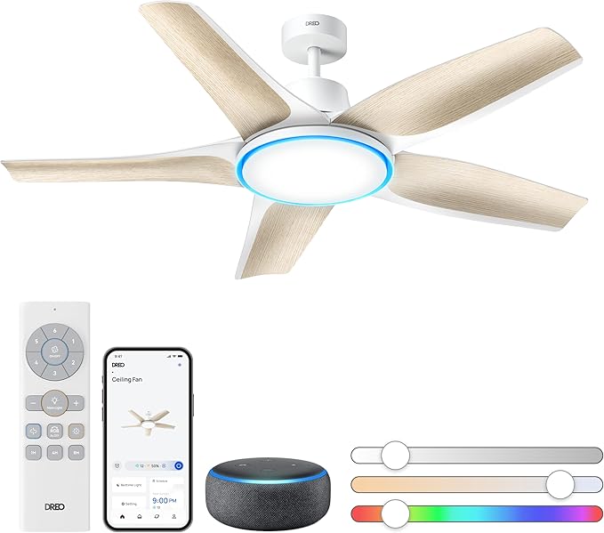 Dreo Smart Ceiling Fans with Lights, Low profile Ceiling Fan with Alexa/App, 52'' Dimmable Lighting & Color Tuning, RGB Ambient Light for Living Room, Game Room, Easy Installation, Quiet, Black