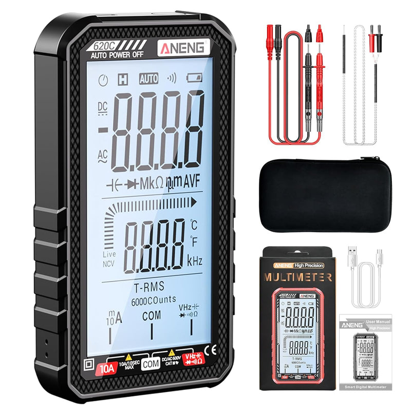 Digital Multimeter Tester, Smart Digital Multimeter 6000 Counts with Auto Ranging Digital Voltmeter Measures Voltage Current Resistance Continuity Capacitance Temperature Frequency (Black)