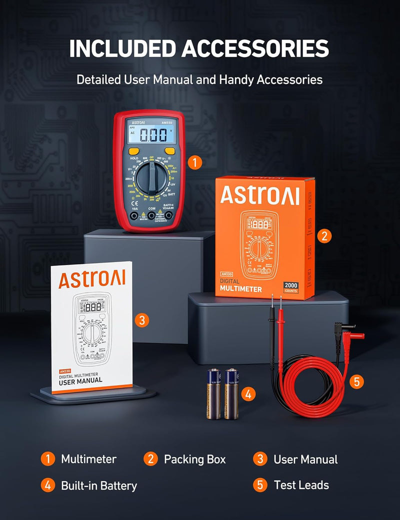 AstroAI Digital Multimeter Tester 2000 Counts with DC AC Voltmeter and Ohm Volt Amp Meter; Measures Voltage, Current, Resistance, Continuity and Diode