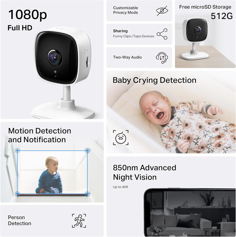 Tapo by TP-Link 1080P Indoor Security Camera for Baby Monitor, Pet Camera w/Motion Detection, 2-Way Audio Siren, Night Vision, Cloud & SD Card Storage, Works w/Alexa & Google Home, C100