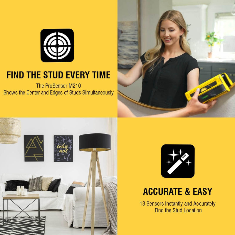 Franklin Sensors ProSensor M210 Stud Finder with 13-Sensors, Wood & Metal Stud Detector/Wall Scanner for Drywall, Live Wire Detection