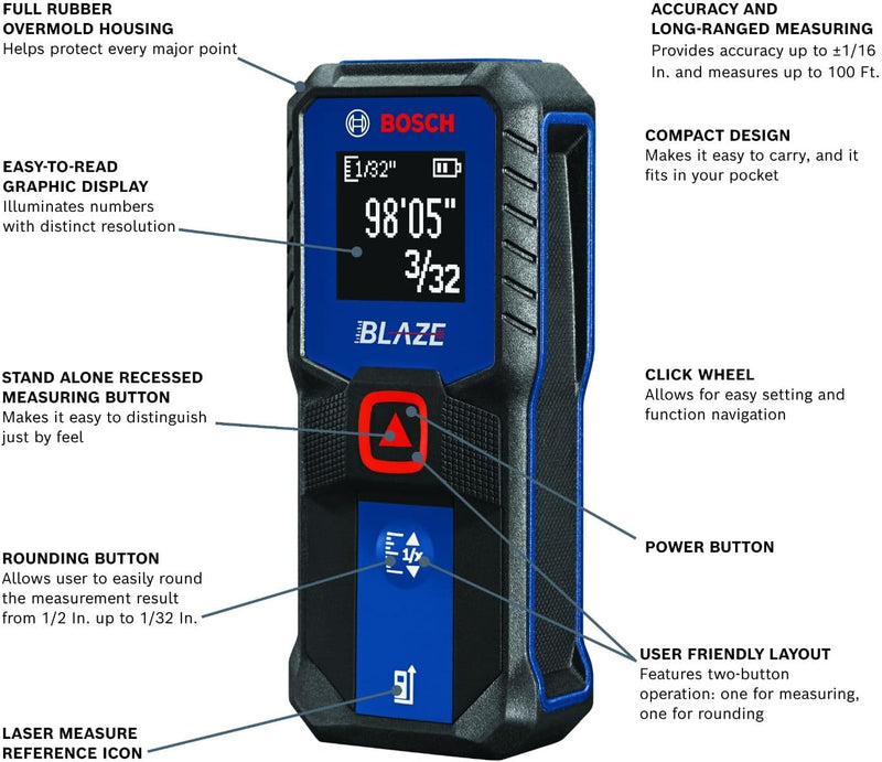 BOSCH GLM100-23 100 Ft Blaze Laser Distance Measure, Includes 2 AA Batteries