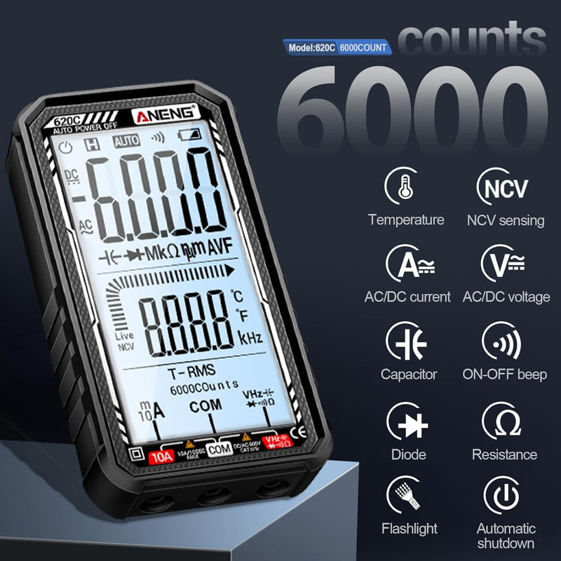 Digital Multimeter Tester, Smart Digital Multimeter 6000 Counts with Auto Ranging Digital Voltmeter Measures Voltage Current Resistance Continuity Capacitance Temperature Frequency (Black)