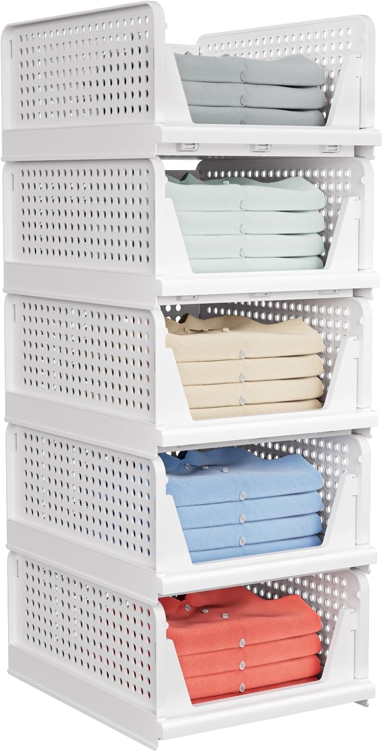 5 Pack Stackable Closet Storage Basket - Stackable Storage Bins, Multifunctional & Foldable Closet Organizer, Wardrobe Cupboard Space-Saving Hat Storage Drawer Organizer