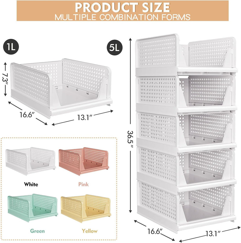 5 Pack Stackable Closet Storage Basket - Stackable Storage Bins, Multifunctional & Foldable Closet Organizer, Wardrobe Cupboard Space-Saving Hat Storage Drawer Organizer