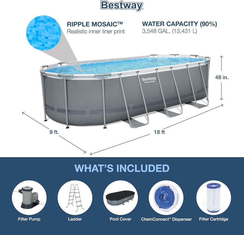 Bestway Power Steel 18' x 9' x 48" Oval Metal Frame Above Ground Outdoor Backyard Swimming Pool Set with 1500 GPH Filter Pump, Ladder, and Pool Cover