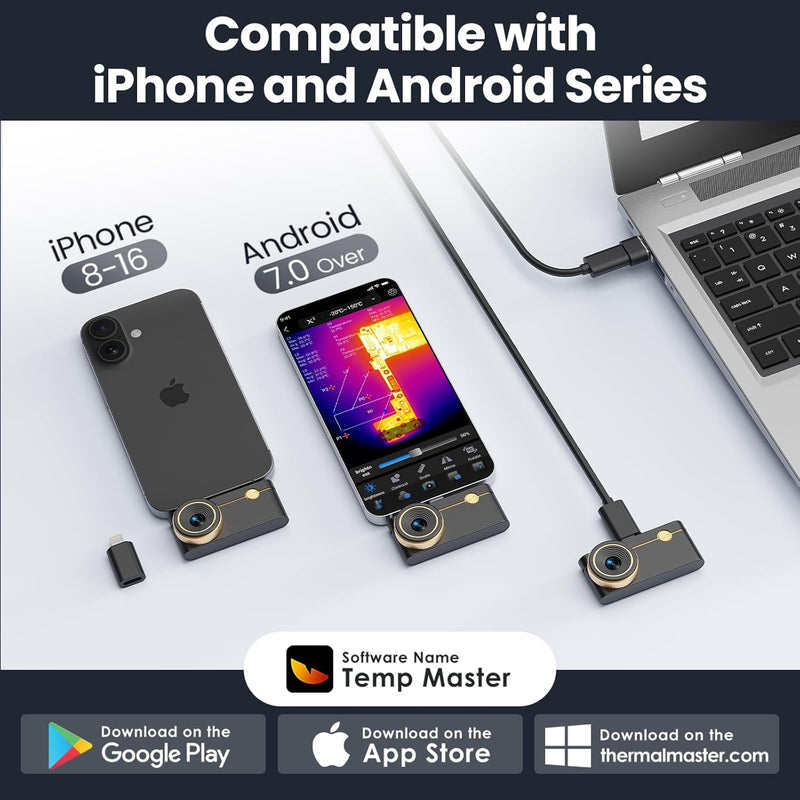 Thermal Camera for Android & iOS, P3 Thermal Imaging Camera with 512×384 X³ IR Resolution, 256×192 IR Resolution, Manual Focus Infrared Camera, 15× Zoom, -4℉ to 1112℉ Temp Range Thermal Imager