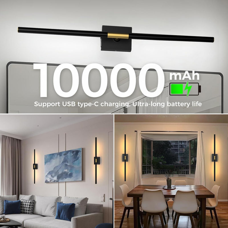 Battery Operated Wall Sconces Set of 2: 10000mAh Rechargeable Wall Lights with Remote Control, 360° Rotate Wireless Wall Scone Decor for TV/Mirror Bedroom Living Room, 31.5 Inch, Black