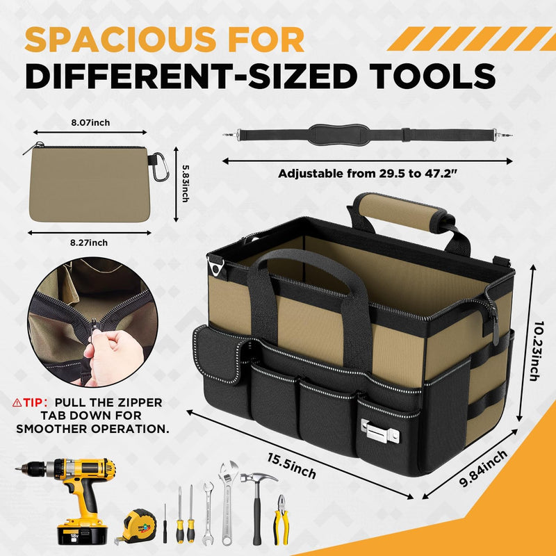 Goovilla Tool Bag 15.5 Inch with 1 Pouch | 17-Pocket Portable Tool Box Organizer Storage with Adjustable Strap, Soft Handle and Durable Zipper | Heavy Duty Tool Bags for Men, Father’s Day