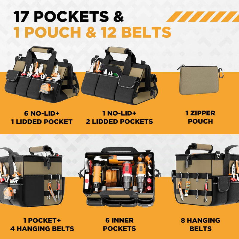 Goovilla Tool Bag 15.5 Inch with 1 Pouch | 17-Pocket Portable Tool Box Organizer Storage with Adjustable Strap, Soft Handle and Durable Zipper | Heavy Duty Tool Bags for Men, Father’s Day