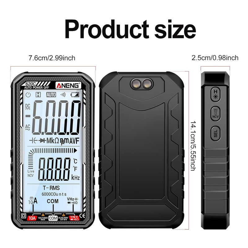 Digital Multimeter Tester, Smart Digital Multimeter 6000 Counts with Auto Ranging Digital Voltmeter Measures Voltage Current Resistance Continuity Capacitance Temperature Frequency (Black)