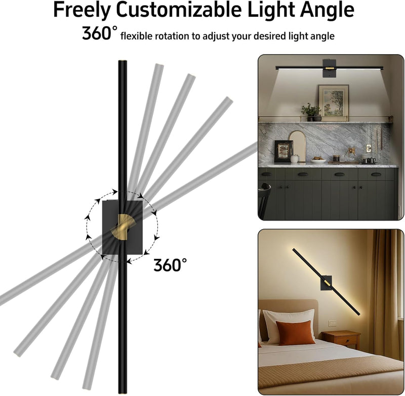 Battery Operated Wall Sconces Set of 2: 10000mAh Rechargeable Wall Lights with Remote Control, 360° Rotate Wireless Wall Scone Decor for TV/Mirror Bedroom Living Room, 31.5 Inch, Black