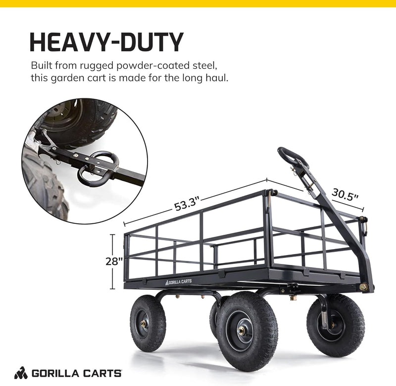 Gorilla Carts Steel Utility Cart, 9 Cu Ft Bed, 1200 lb Load Capacity, Black – Towable Heavy-Duty Outdoor Hauling Wagon with Removable Side Panels for Yard, Lawn, Garden or Landscaping