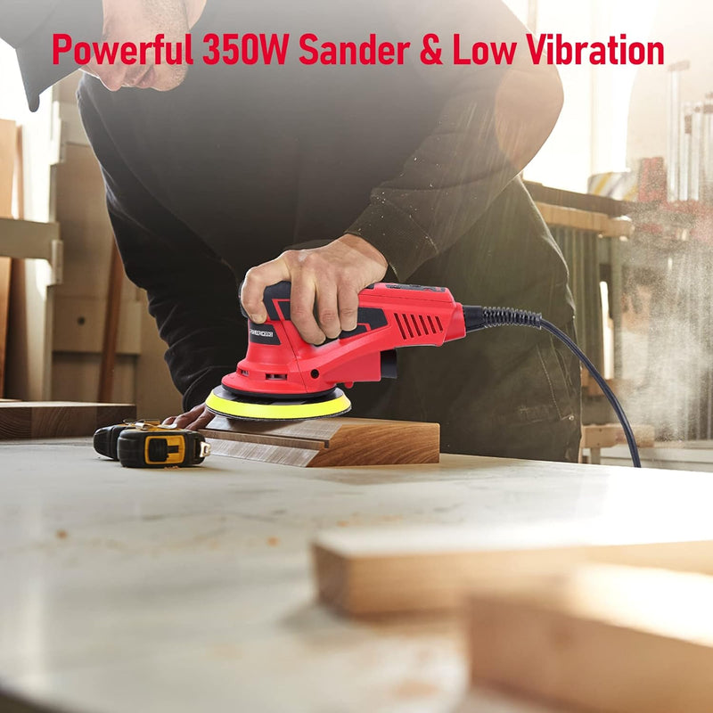 Electric Random Orbital Sander,PioneerWorks Brushless Motor,Powerful 350W & Low Vibration Palm Sander,10000 RPM Variable Speed,6-Inch For Woodworking, Polishing,Carpentry